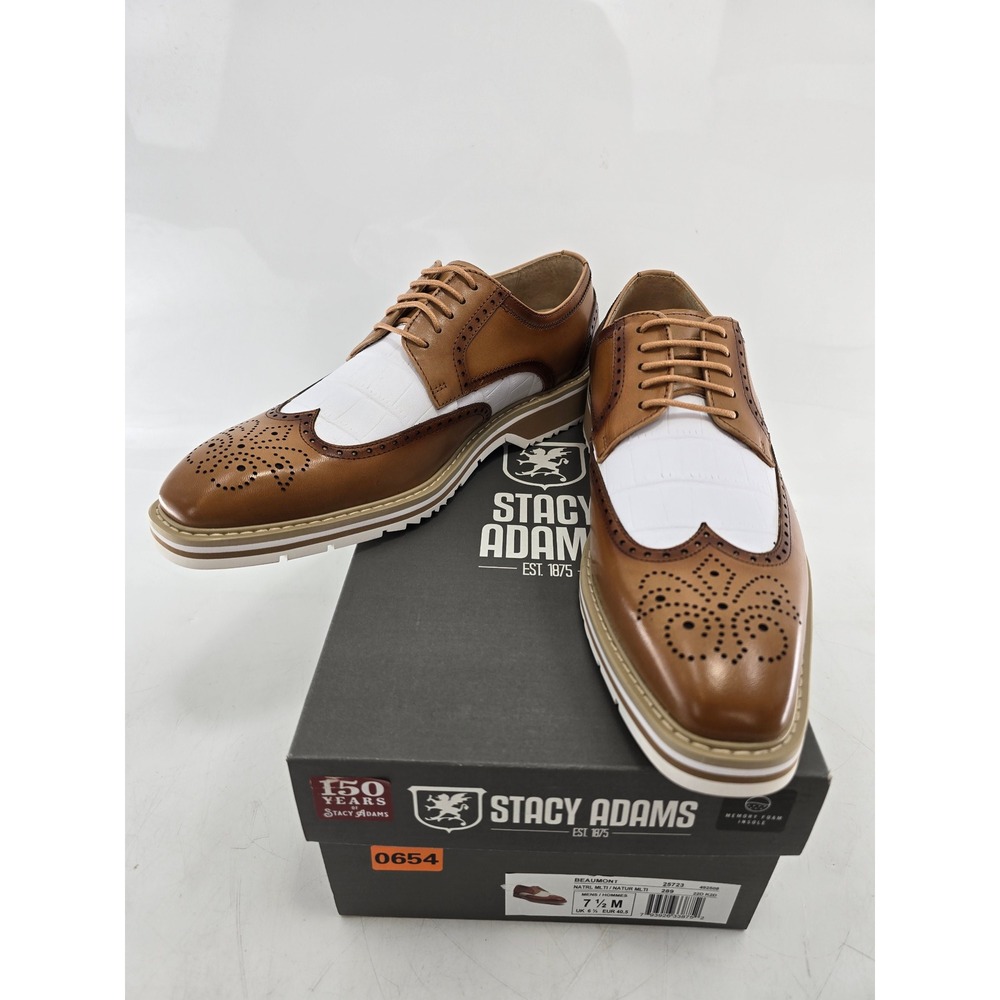 Stacy Adams Beaumont Wingtip Oxfords Mens 7.5 Brown‎ White Croc Print - NEW